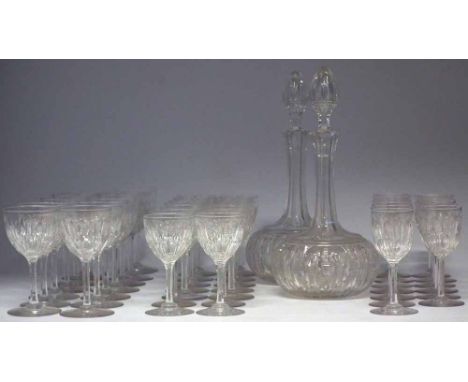 Suite of glass probably Stourbridge c.1880, to include two decanters and stoppers, thirteen sherry glasses, fourteen small wi