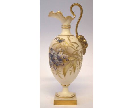 Royal Worcester ewer, with satyr mask handle terminal, decorated with flora on an ivory ground, model number 1144, date code 