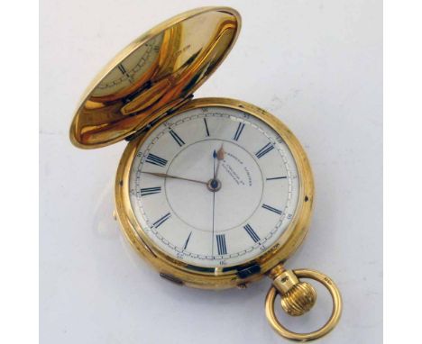 18ct gold hunter pocket watch by Russells Ltd, case Chester 1913, white enamel Roman dial, centre seconds, case 52mm, slide a