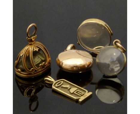 Antique gilt metal faience scarab seal; 9ct hieroglyph pendant Ruth; globular locket dated 1884; two glass portrait pendants 