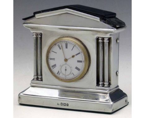 Silver fronted miniature architectural mantel clock, hallmarked J Deakin & Son, Sheffield 1908, fitted at a later date with a