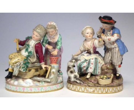 Two Meissen figure groups, modelled as girls and boys representing Winter and Spring on oval bases, incised F91 and G94 to ba