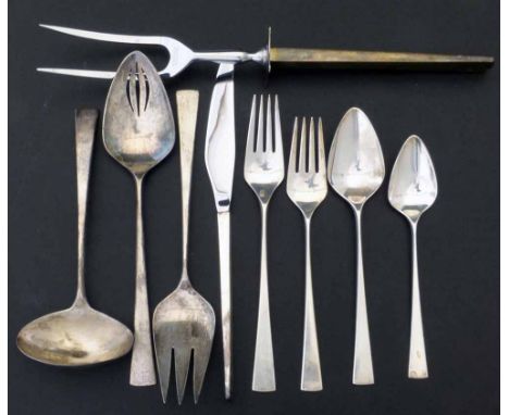 Reed & Barton sterling silver suite of flatware, late 1960's of angular design: 12 table forks, 12 dessert forks, 11 dessert 