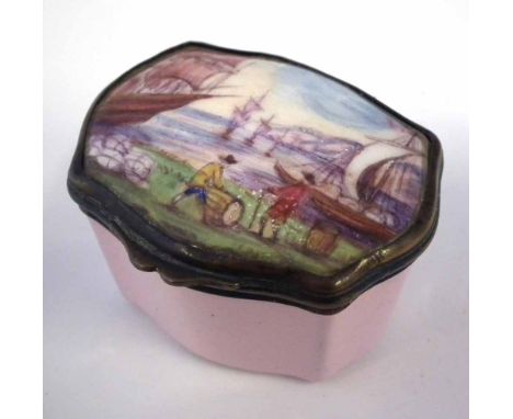 Enamel box, painted with figures loading barrels beside tall ships within a coastal landscape, mid to late 18th century, 5cm 