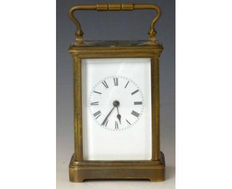 French brass carriage clock, white enamel Roman dial, eight day movement stiking the half and repeating the hour on a coil, s