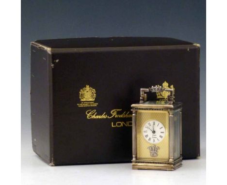 Charles Frodsham silver Prince of Wales carriage clock, case hallmarked London 1981, serial 359/1000, the white Roman dial in