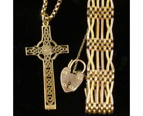 9ct gate bracelet; 9ct gold Celtic cross and a 9ct necklace chain, 45cm, gross weight 36.3g (3)Condition report: overall good