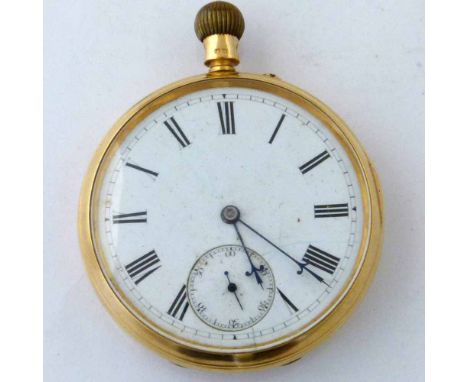 18ct gold open faced pocket watch, case London 1886, white enamel Roman dial, subsidiary seconds, hands set on band, case 50m