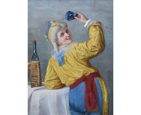 A. Costa, 19th century,  Portrait of a standing girl dressed for a masked ball, signed and inscribed 'Firenze', oil on canvas