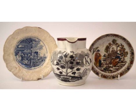 Pearlware jug circa 1800, printed with a cotton tree and initialled 'S.K' also a pearlware saucer printed with oriental figur