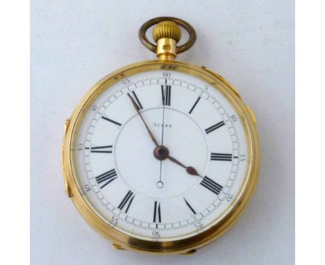 18ct gold pocket watch, case Chester 1888, white enamel Roman dial, centre seconds, case 52mm, set button and slide on the ba