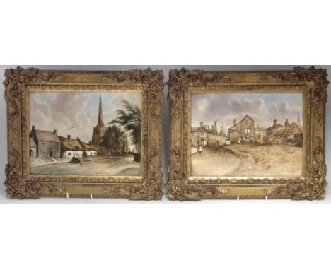 Pair of plaques signed J. Williams, one depicting Wedgwood in Burslem titled 'A bit of old Burslem Wedgwood Place' the other 