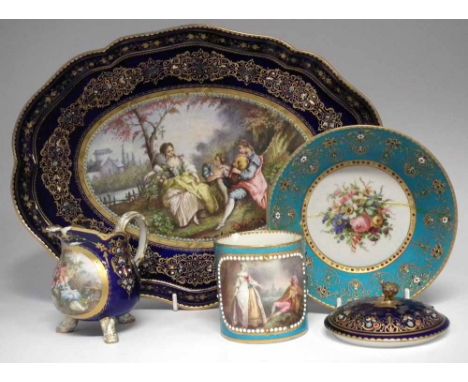 Sevres tray, coffee can and saucer, a jug and a sucrier cover, painted with figures within landscapes within turquoise and bl