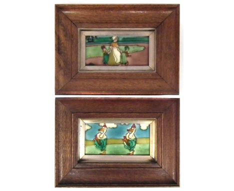 Two Frederick Rhead designed tiles, tubed lined by Charlotte or Dollie with Dutch figures and geese dressed in circus costume