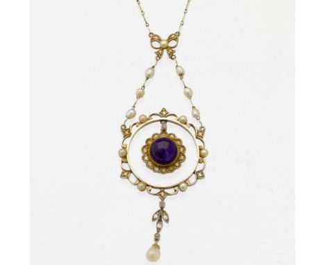 Edwardian amethyst, rose diamond, pearl necklace pendant, platinum on gold, of a ring, 22mm, on chains hung with a floret, le