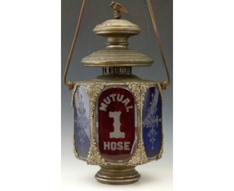New York Mutual Hose 1 fire engine lantern by De Voursney Bros, 389 Broome St, New York, the silvered copper hexagonal body s