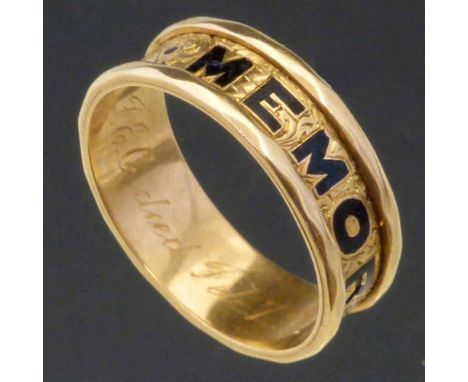 Victorian 18ct gold memoriam ring bearing the legend in black enamel "In memory of", hallmark Birmingham 1859, and inscribed 