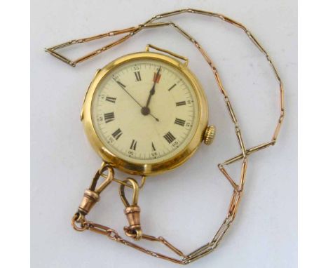 18ct gold lady's wristwatch, case import mark London 1911, white enamel Roman dial, centre seconds, case 32mm, monogrammed ba