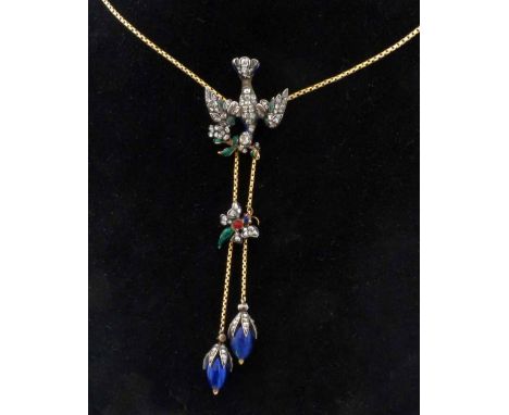 Victorian rose diamond and enamel necklace pendant set in silver on gold of a dove with an olive branch above a butterfly and