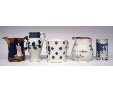 Early Royal commemorative ware to include a saltglaze George III jug, a Queen Caroline pink lustre jug, a Queen Caroline spri