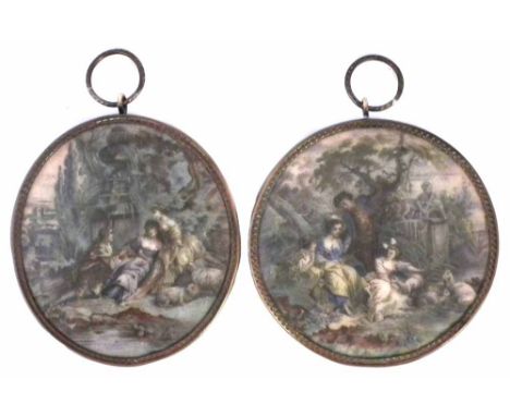 Two enamel miniatures, decorated with figures in garden scenes, mounted in copper frames, 19th century, 8cm high     Conditio