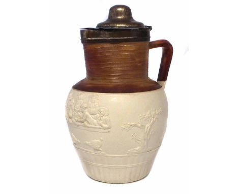 Turner cock fighting jug circa 1790, moulded with figures gambling and arguing over two fighting birds after Hogarth, below a