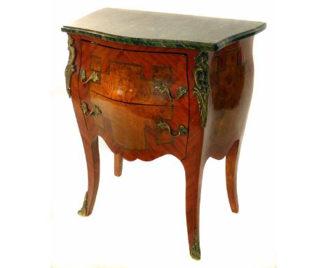 20th century commode chest of French design, green veined marble top on bombay shaped base, veneered in kingwood and other ex