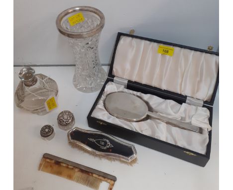 A selection of early to mid 20th Century vanity and dressing table items to include a silver topped glass scent bottle, maker