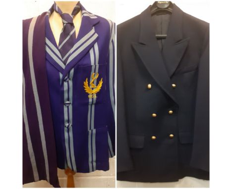 A 1960's UCL male purple and blue striped blazer together with matching tie and scarf A/F, approx 38" chest together with a g