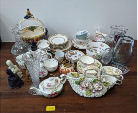 Ceramics and glassware to include a Copenhagen ceramic fruit basket on a wooden stand, a part Wedgwood Colonnade pattern set,