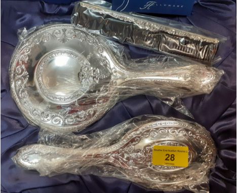 A Carrs silver dressing table set comprising hair brush, comb and mirror, in a navy fitted box. Location:If there is no condi