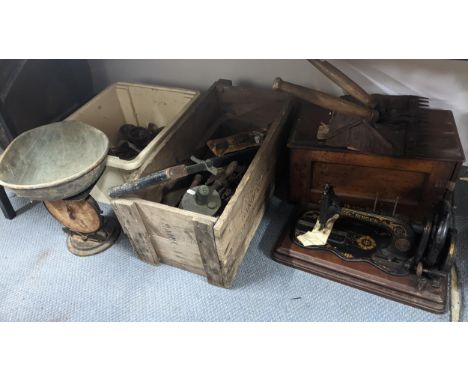 A mixed lot to include a Singer sewing machine, Salter scales, mixed metalware and other itemsLocation:If there is no conditi