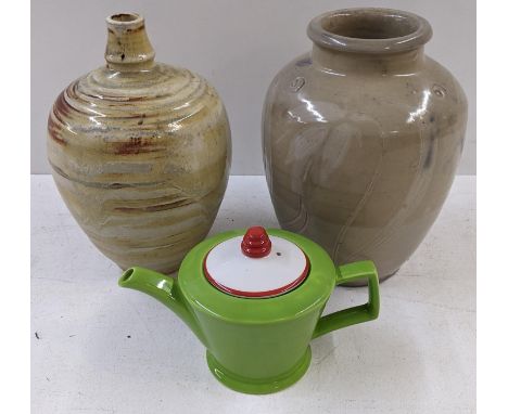 Mixed ceramics to include two studio pottery vases and an Art Deco style green and white teapot Location:If there is no condi
