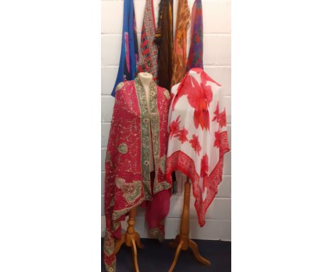 A vintage embroidered sari/shawl having a pink ground with intricate gold metallic embroidery and beadwork together with mixe