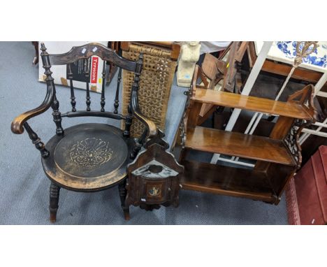Mixed furniture to include a late 19th century penny chair, three tier shelf and a corner shelf inset with a print depicting 