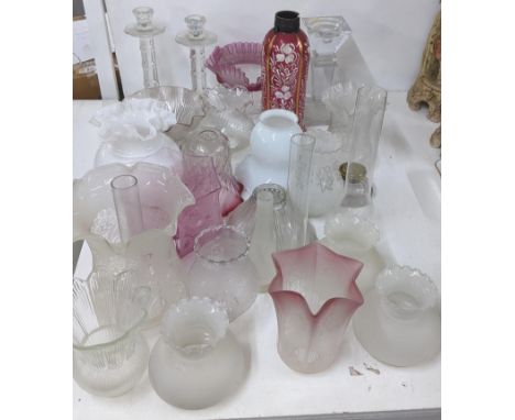 Mixed glassware to include cranberry etched oil lamp shades, candlesticks and other itemsLocation:If there is no condition re