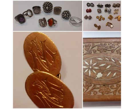 A selection of silver and white metal fashion rings to include a Gini Boston ring together with earrings and cufflinks to inc