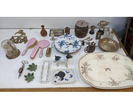 A mixed lot to include a Meltser & Ortcliffe porcelain model of a dog, a German mantle clock, a pair of candle snuffers, a We