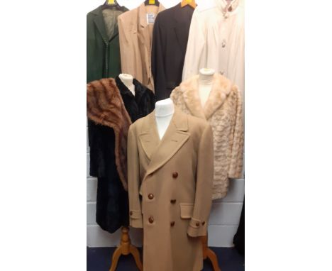 A quantity of mixed vintage coats and clothing to include an FRG International gents silk suit approx 40" chest, a Trevira ge