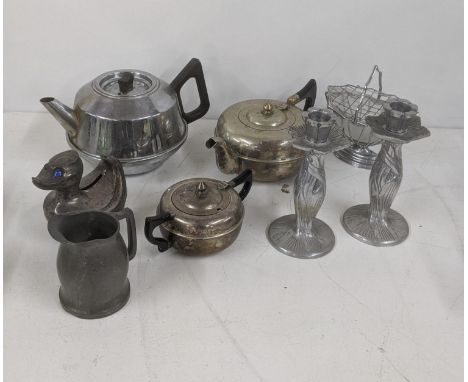 Mixed metalware to include a pair of pewter Art Nouveau style candlestick holders and other itemsLocation:If there is no cond