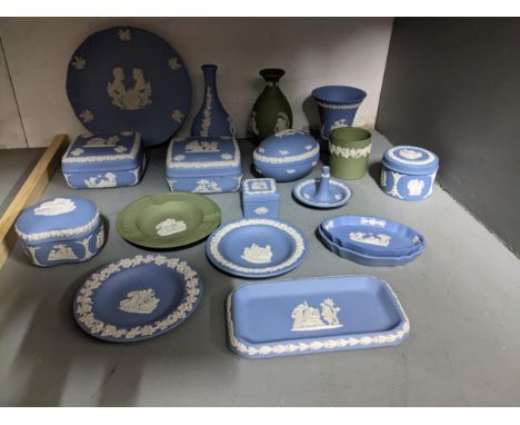 A collection of Wedgwood blue and green Jasperware ornaments to include a ring tree, boxes, vases and pin trays Location:If t