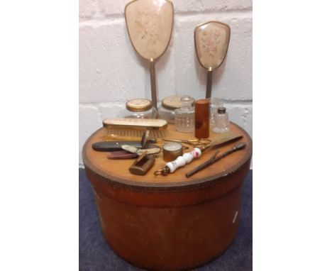 A Victorian bentwood hat box together with dressing table items and collectables to include a Mauchline needle box 'Margate S