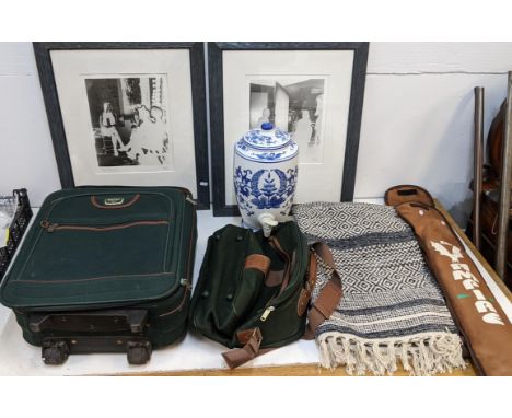 A mixed lot to include two framed pictures, a ceramic decanter, a BAS Vampire cricket bath and holder and othersLocation:If t