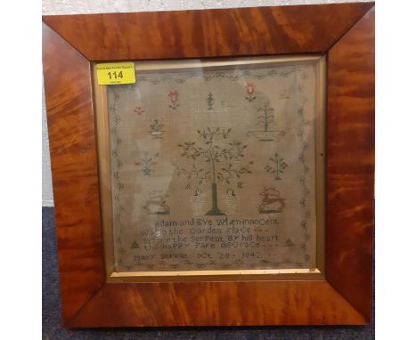 An 1842 sampler using fine needlework dated October 28th 1842 worked by Mary Streat, depicting a tree of life flanked by Adam