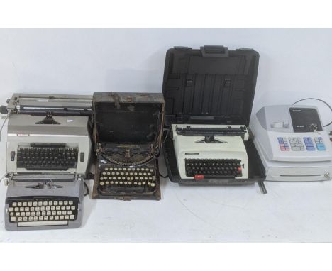 Four typewriters to include a Hermes 305, a Remington compact portable, Brother and an Adler, together with a Sharp EX-A120 c