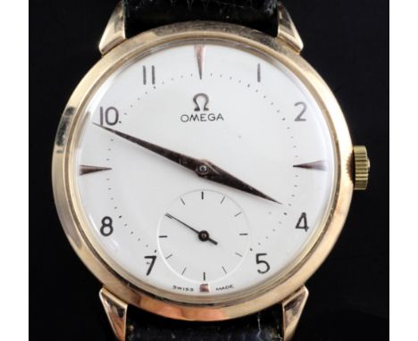 A gentleman's 1940's 18ct gold Omega manual wind wrist watch, with Arabic dial and subsidiary seconds, movement c.265, on lat