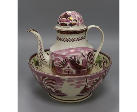 A Sunderland lustre bowl and coffee pot (the latter a.f.) basin diameter 39cm pot height 28cm