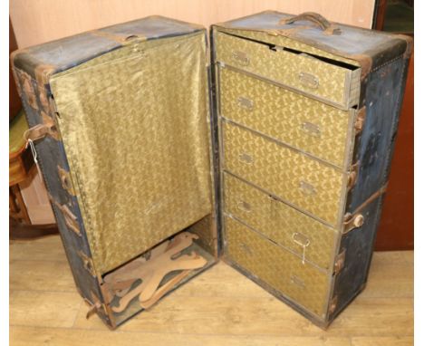 A fitted cabin trunk and a leather suitcase trunk W.108cm suitcase W.96cm