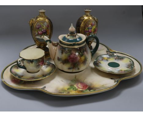 A Hadley's Worcester part tea for two and a pair of Derby style vessels