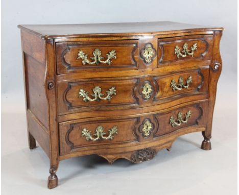An 18th century French fruitwood serpentine commode, with two short and two long drawers, on stylised hoof feet, W.4ft D.2ft 